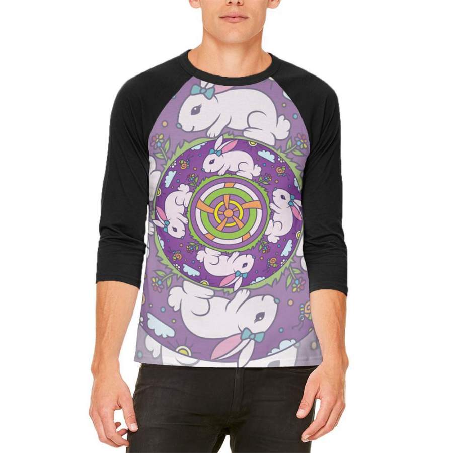 Mandala Trippy Stained Glass Easter Bunny Mens Raglan T Shirt