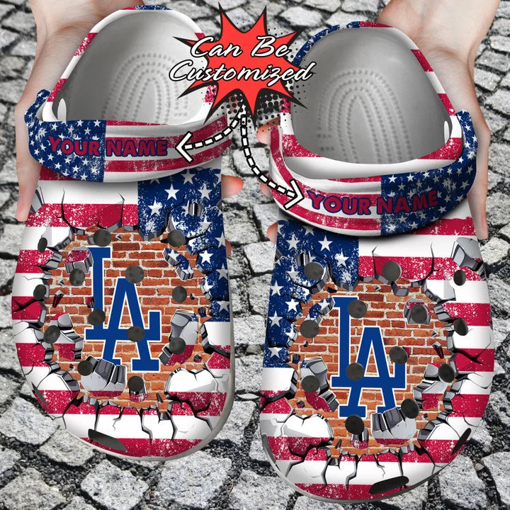 Baseball Crocss – Personalized La Dodgers American Flag Breaking Wall Clog Shoes