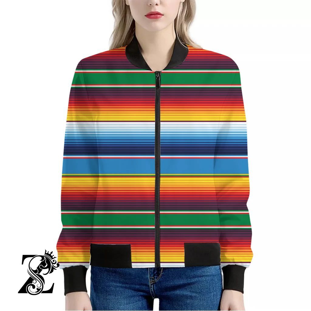 Tribal Mexican Blanket Stripe Print Women’S Bomber Jacket