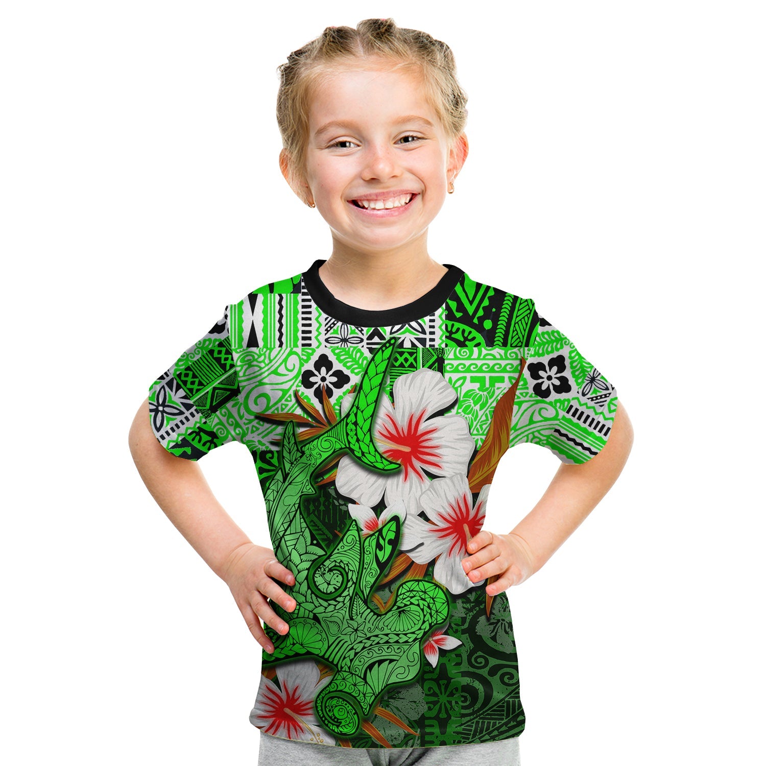 (Custom Personalised) Hammerhead Shark T Shirt Kid Hawaii Style Green Lt6