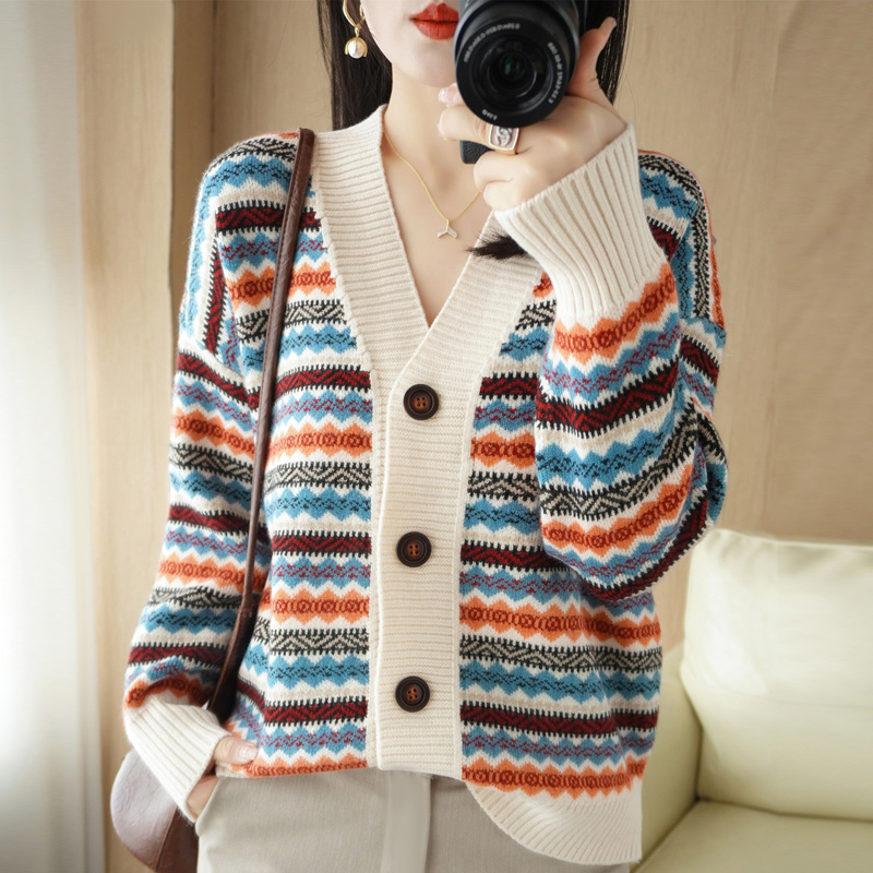 Autumn and winter 2022 thickened striped vintage knitted cardigan women’s coat sweater with loose warm casual top alx