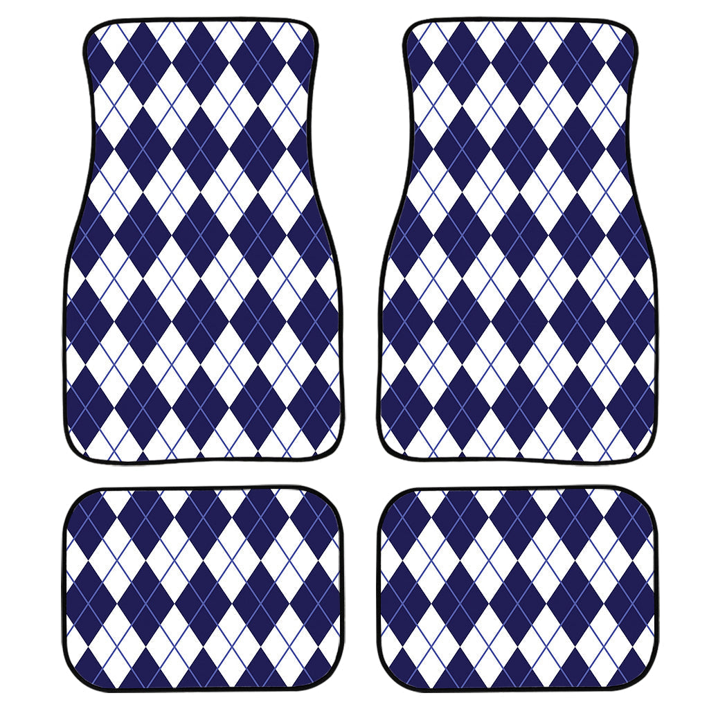 Navy Blue And White Argyle Pattern Print Front And Back Car Floor Mats, Front Car Mat