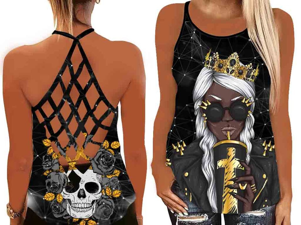 Black Queen Faith God Milk Tea Tank Top Skull Tatoo Shirt Women – Black Roses Criss Cross Open Back Camisole Tank