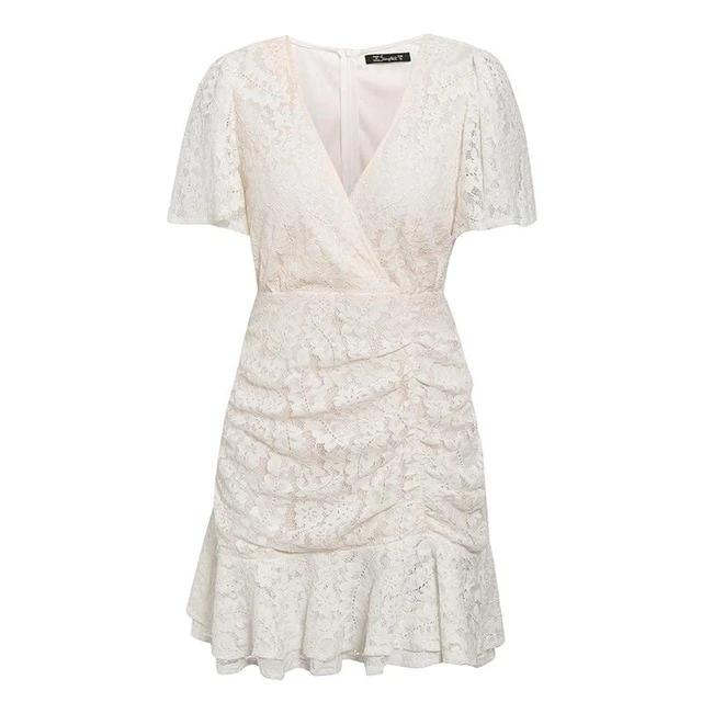 Summer Lace Sexy V-Neck Floral Summer Cotton White  Dress