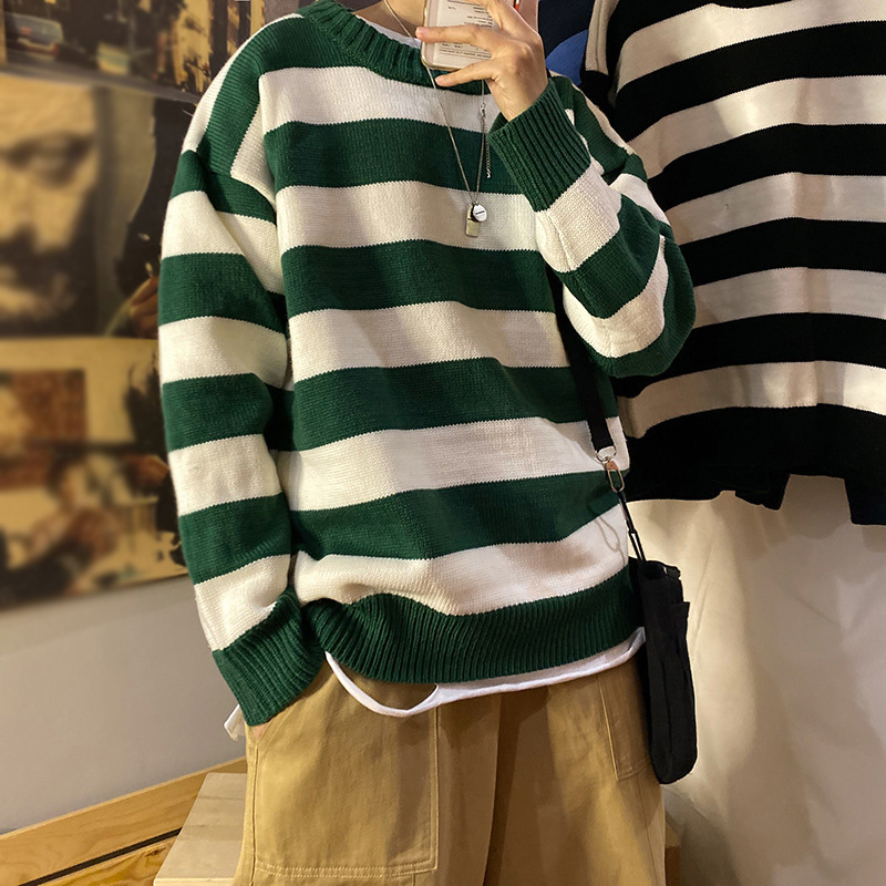 Stripe Knitted Sweater Men Autumn Winter Baggy Long Sleeves Tops Fashion All-Match Trend Streetwear Ins Vintage Y2K Male Clothes alx