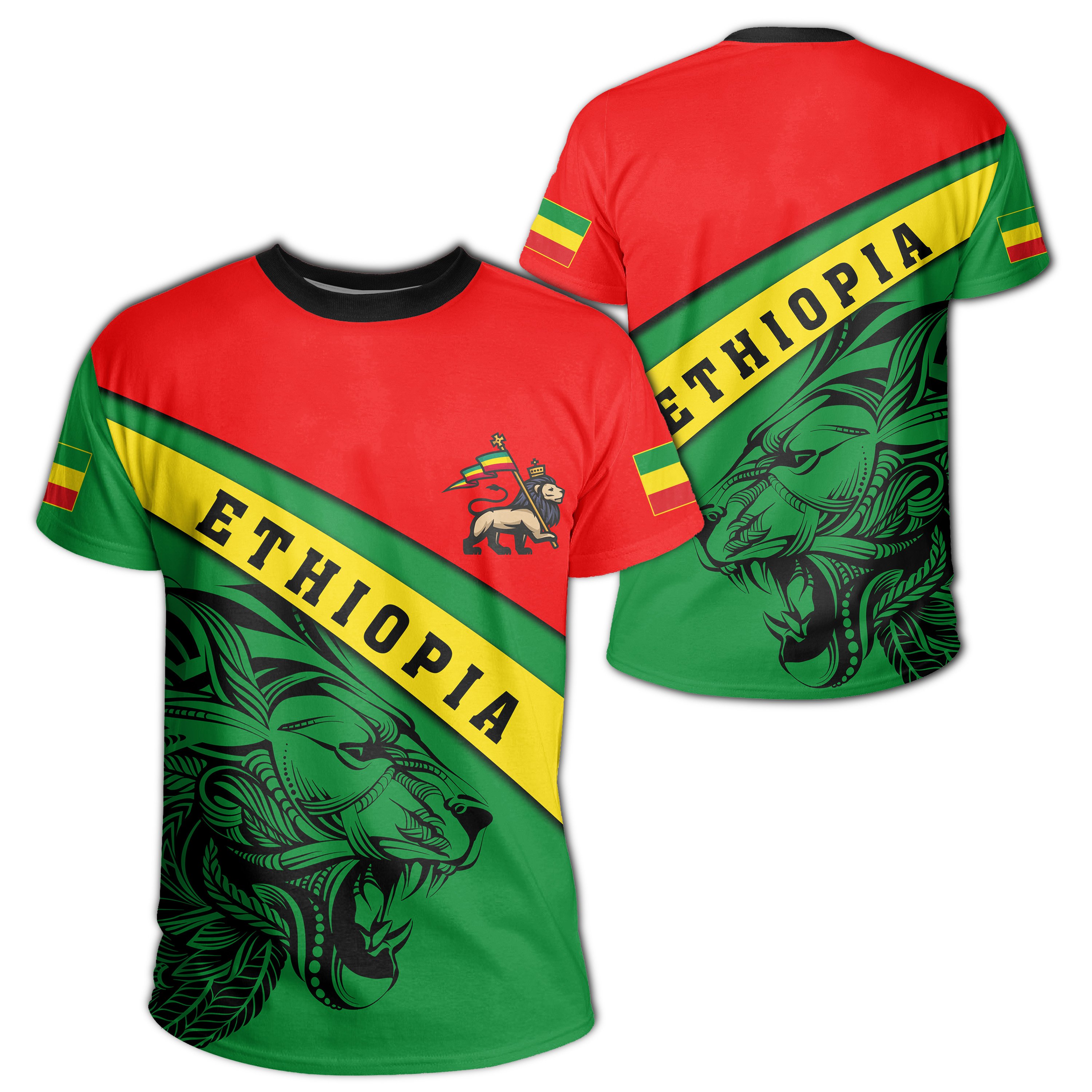 1sttheworld Africa T-shirt – Ethiopia Lion, Flag Color – J4