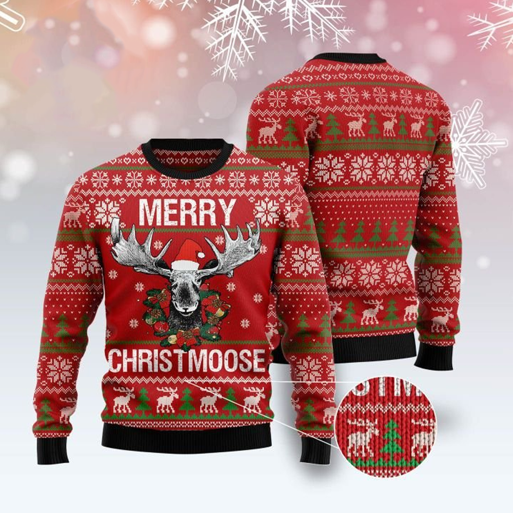 Unifinz Hunting Ugly Christmas Sweater Hunting Merry Christmoose Christmas Pattern Red Sweater 2022