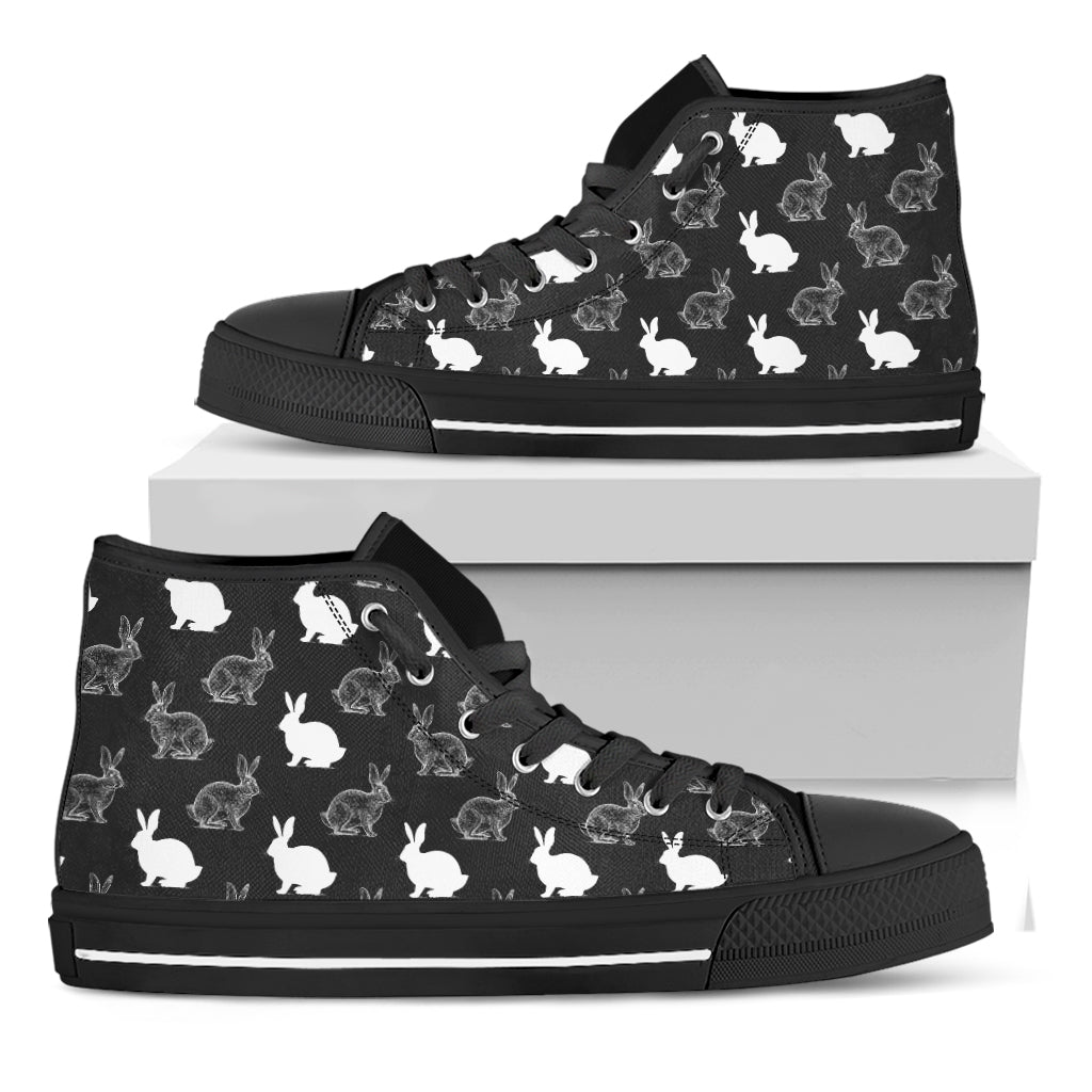 Black And White Rabbit Pattern Print Black High Top Shoes