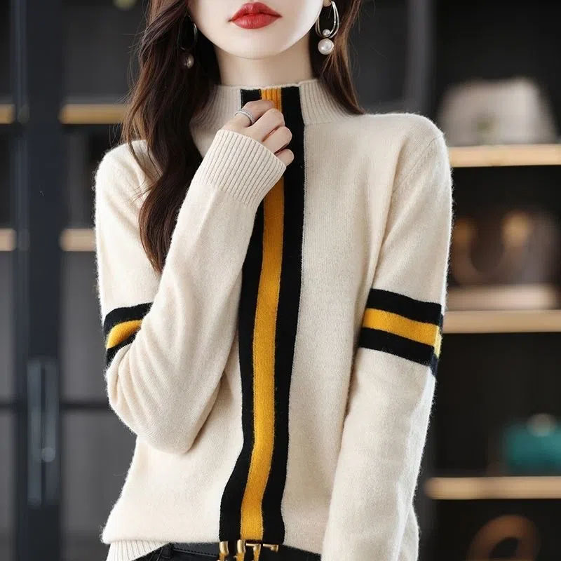 WTEMPO Half Turtleneck Sweater Women’s Long Sleeve Pullover Korean Jumper Loose Versatile Knitwear Autumn Winter Warm BasicTop alx