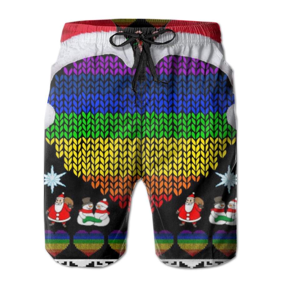 2 Pack Gay Pride Heart Santa Ugly Christmas Sweater Poster Men Swim Trunks Drawstring Elastic Waist Quick Dry Beach Shorts with Mesh Lining Swimwear Bathing Suits