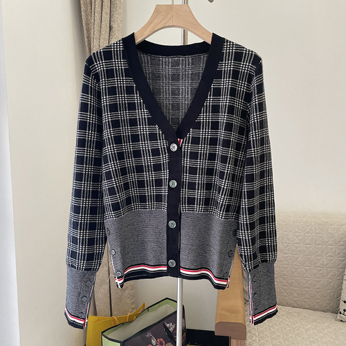 TB Checked Sweater Sweater Cardigan Women Vintage Ocean Loose Autumn and Winter Coat Shirt Trend alx