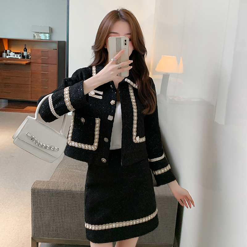 Autumn Winter Tweed Jackets Coat + High Waist Mini Pencil Skirts Set Elegant Office Lady Tracksuit Woolen Two Piece Set D295 alx