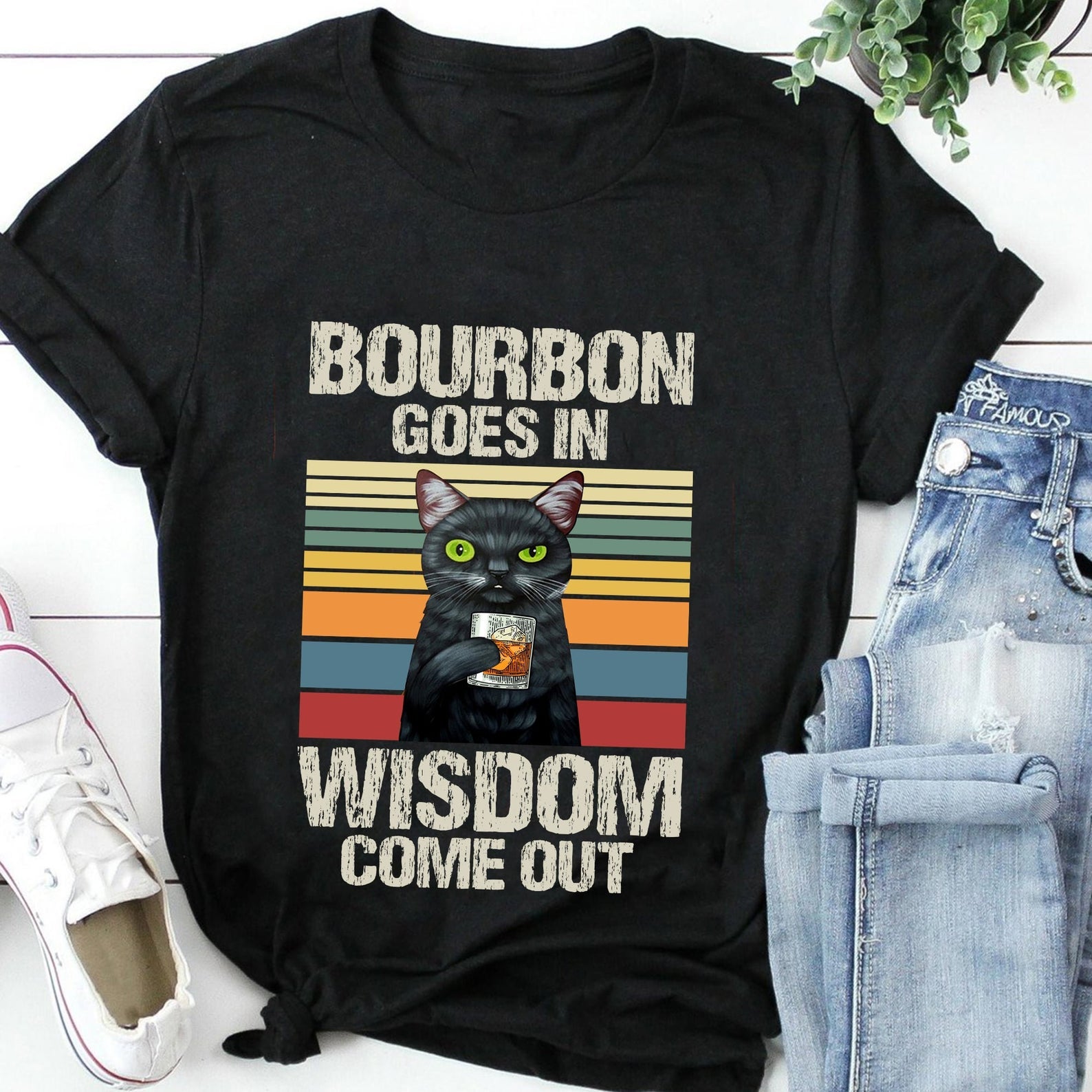 Bourbon Goes In Wisdom Comes Out Funny Vintage Black Cat Drinking Bourbon T-shirt, Special Gift Shirt