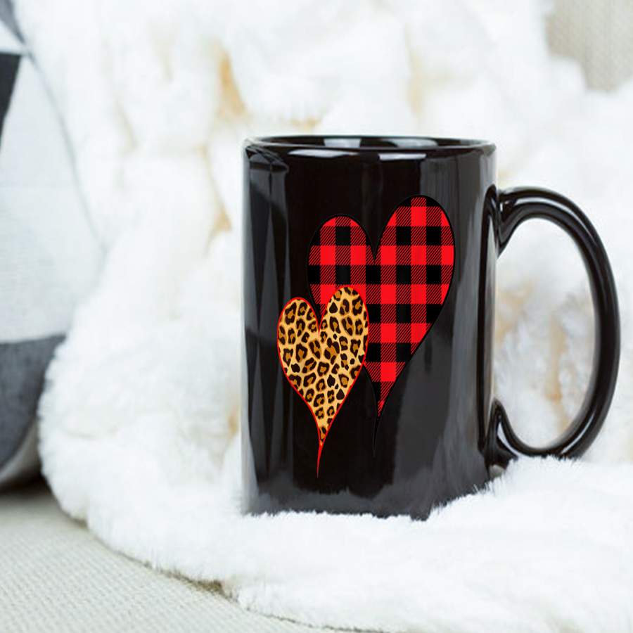 Coffee Mug Two Hearts Leopard Buffalo Plaid Valentine’s day Mug – Black Mug