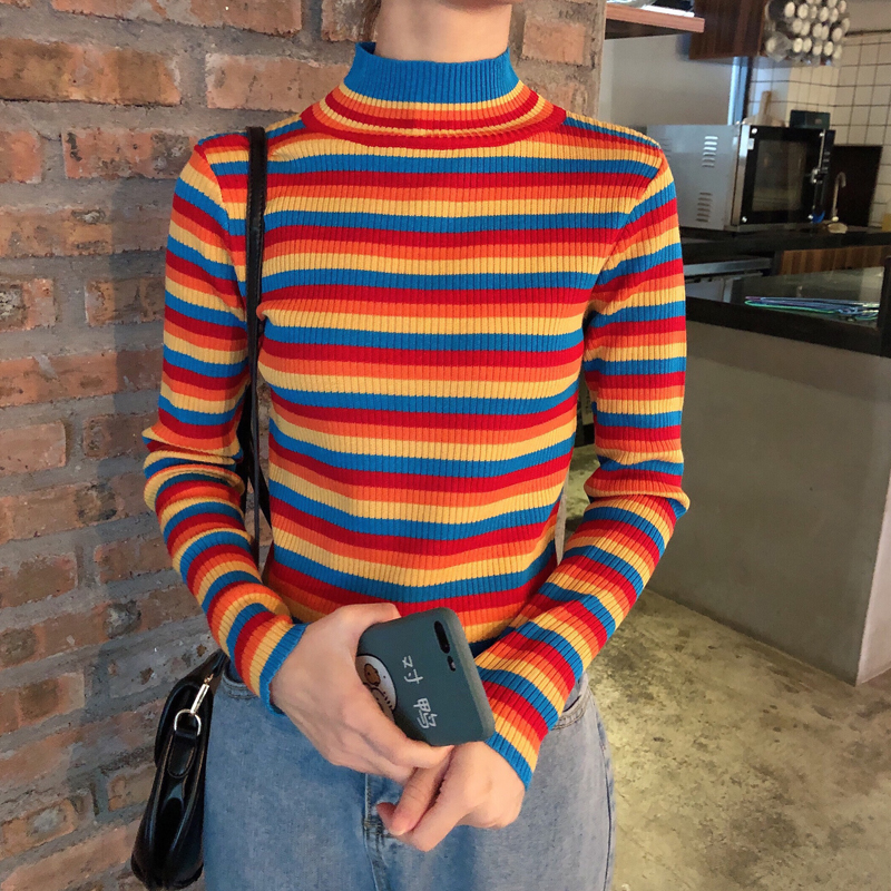 Winter Rainbow Knitted Women Sweaters And Long Sleeve Turtleneck Casual Pullovers Sueter Mujer Tops Korean Striped Acrylic Jumpe alx