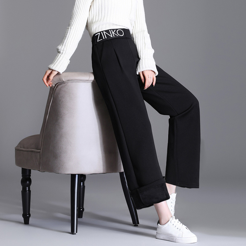 Women Winter Black Wide Leg Pants Thick Warm Elastic High Waist Pockets Long Feleece Trousers Casual Bottoms All Match 4XL 5XL alx