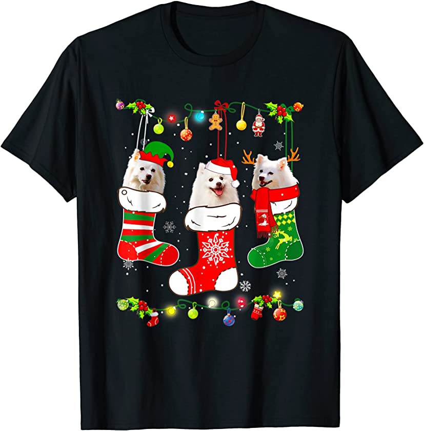 American Eskimo Socks Christmas Lights Puppy Xmas Dog Lover T-Shirt