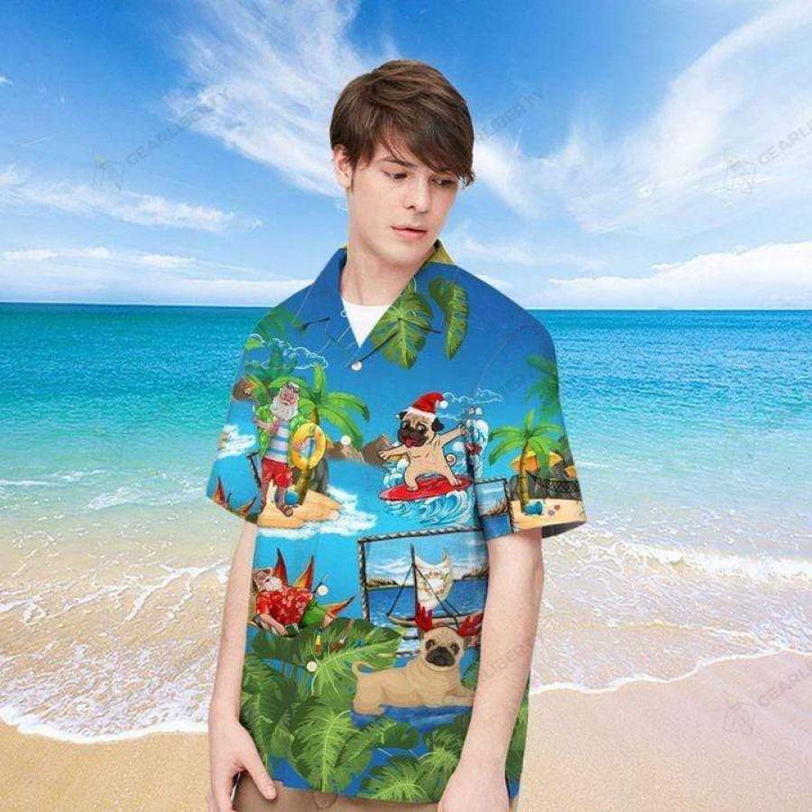 Funny Pug Surfing Merry Christmas Hawaii Aloha Shirts Ha47540