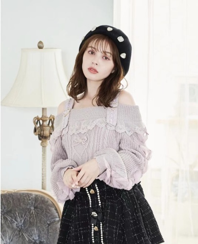 Classic Sweet Off-the-Shoulder Spaghetti-Strap Lace Sweater 2023 Fall Japan Style Sexy Woman Slimming Long Sleeve Knitwear Mujer alx