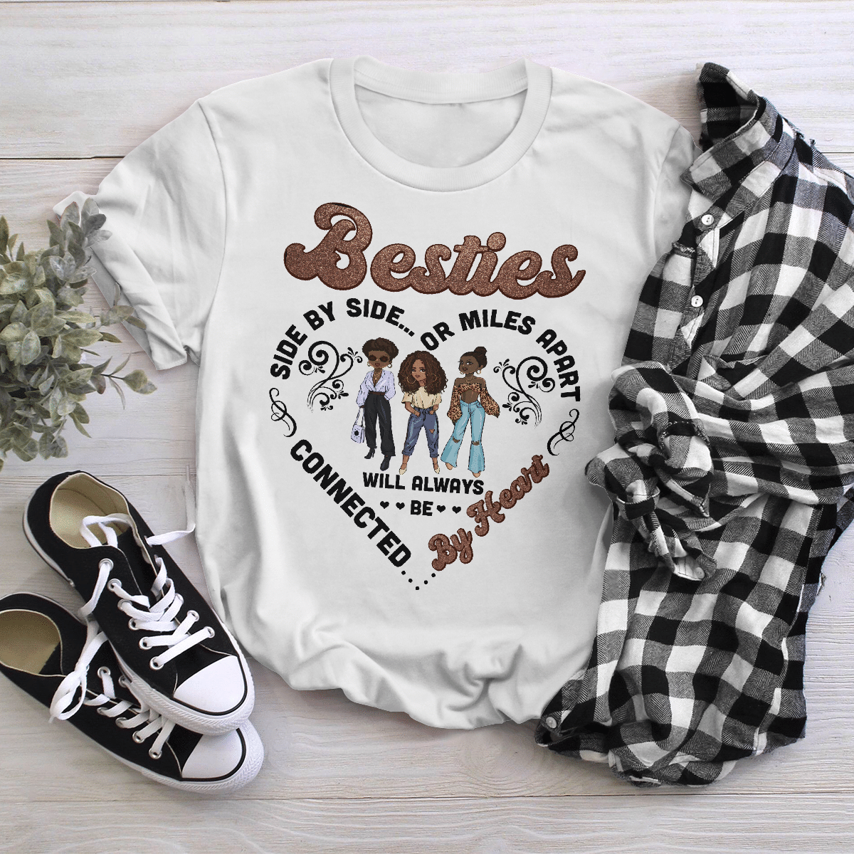 Besties Shirt For Sister Friends Shirts Side By Side Ormiles Apart Bestie Will Always Be Connected By Heart Tshirt