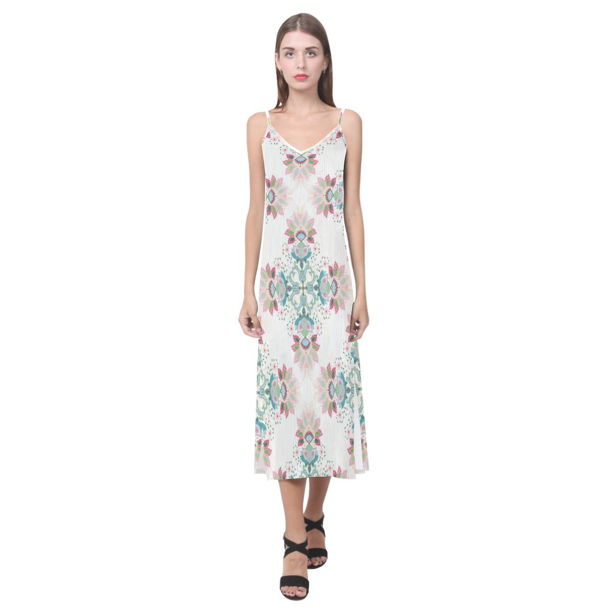 Square floral indian flower pattern V-Neck Open Fork Long Dress