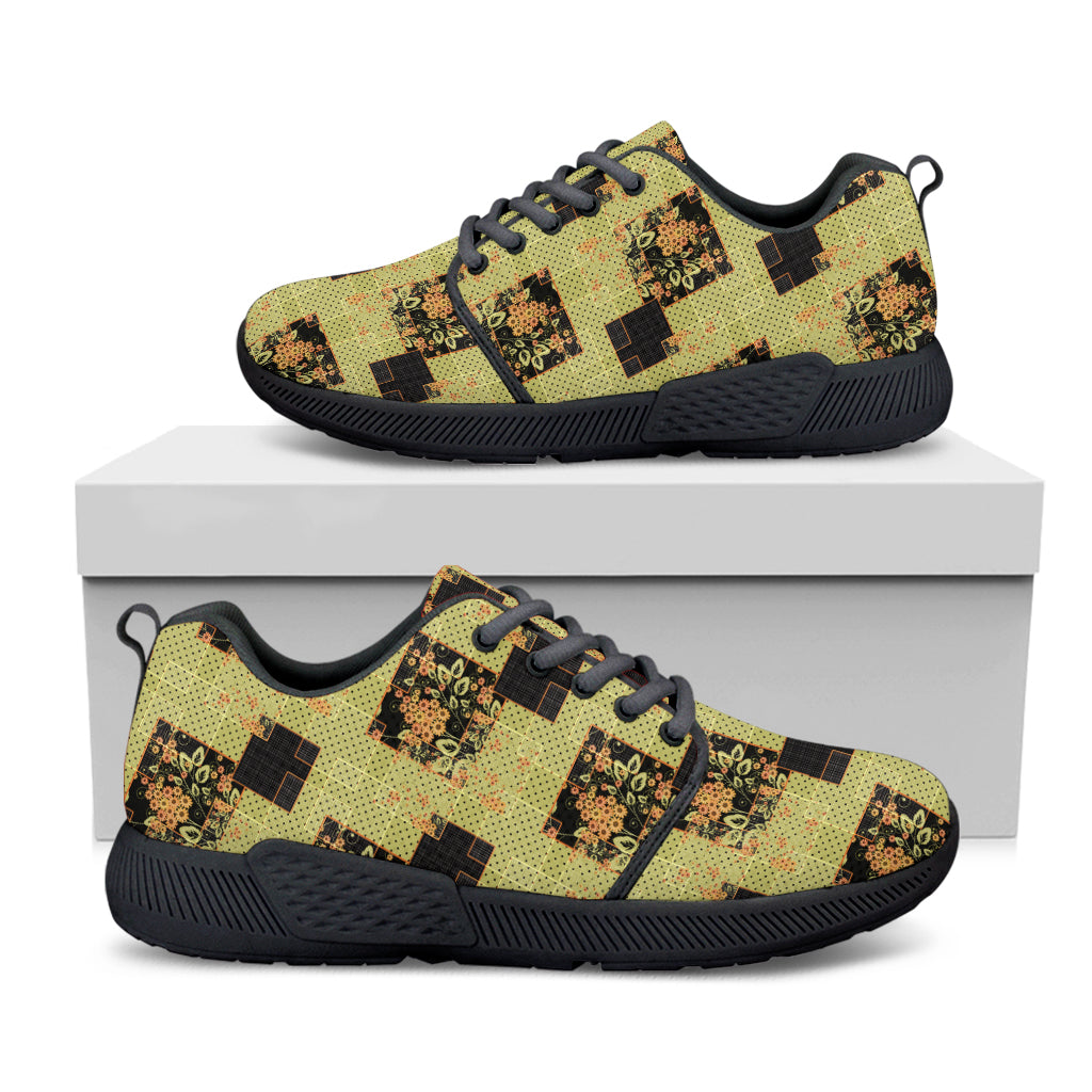 Vintage Flower Patchwork Pattern Print Black Athletic Shoes