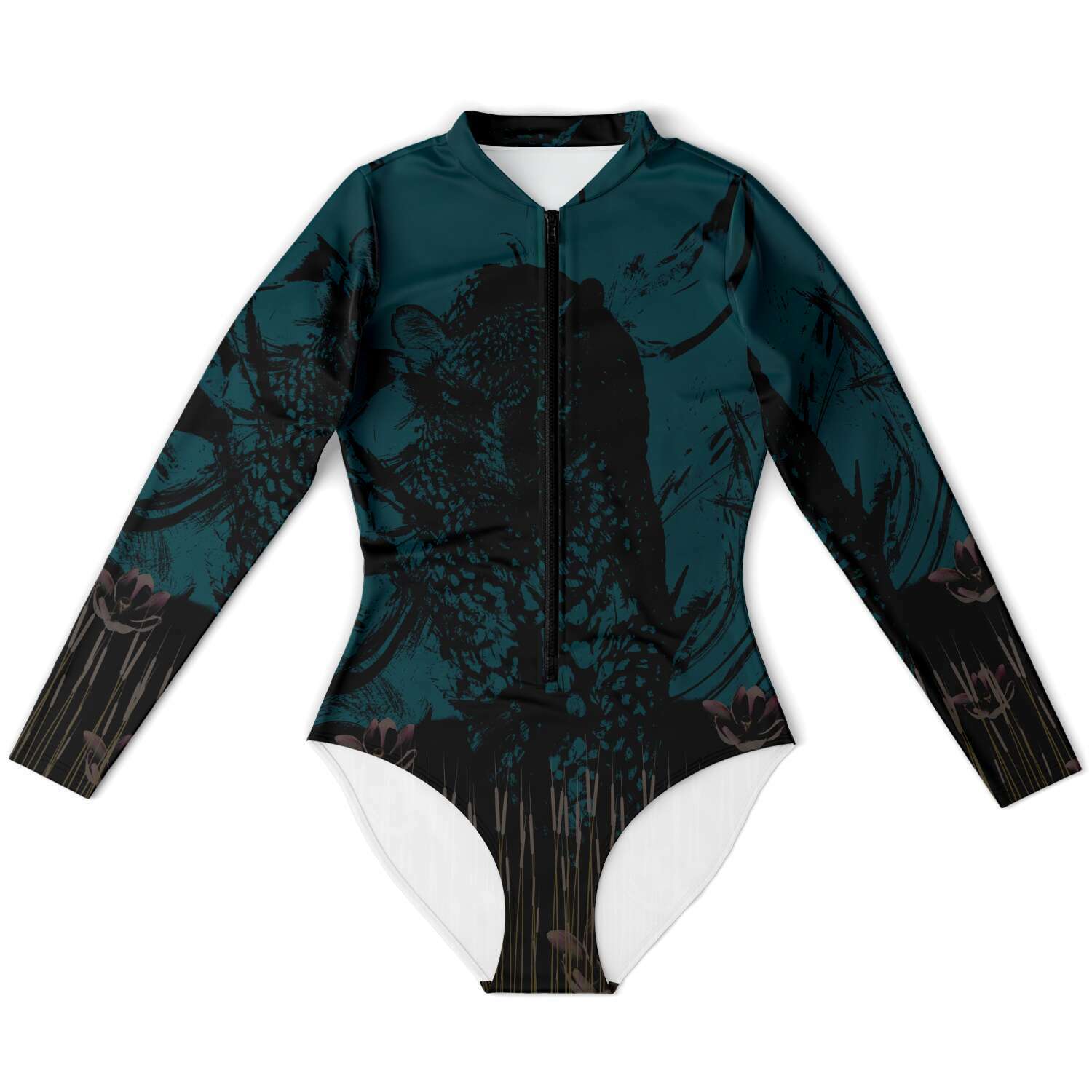 Dark Teal Abstract Leopard Print Long Sleeve Bodysuit With Uv Protection