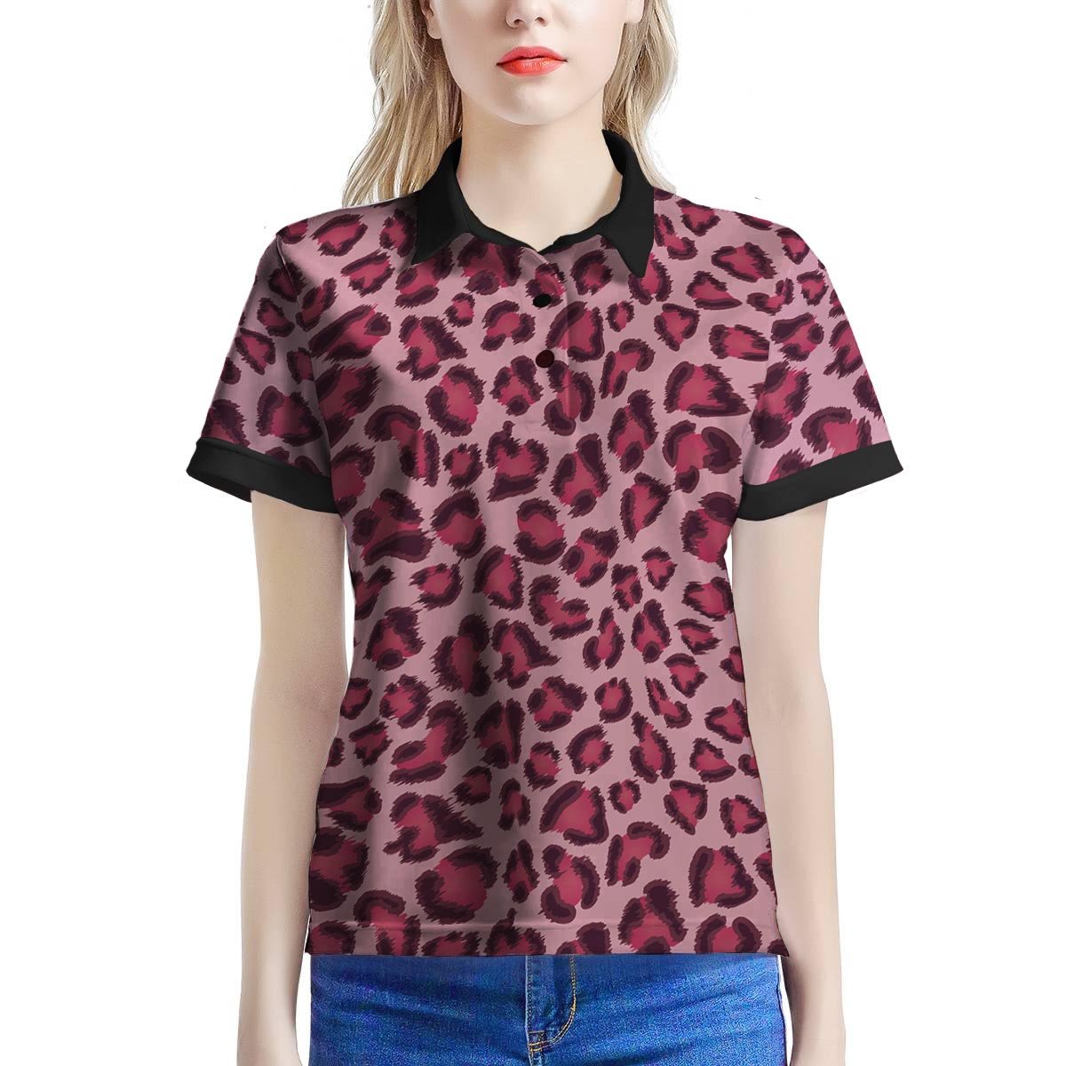 Pink Leopard Print Women’S Polo Shirt