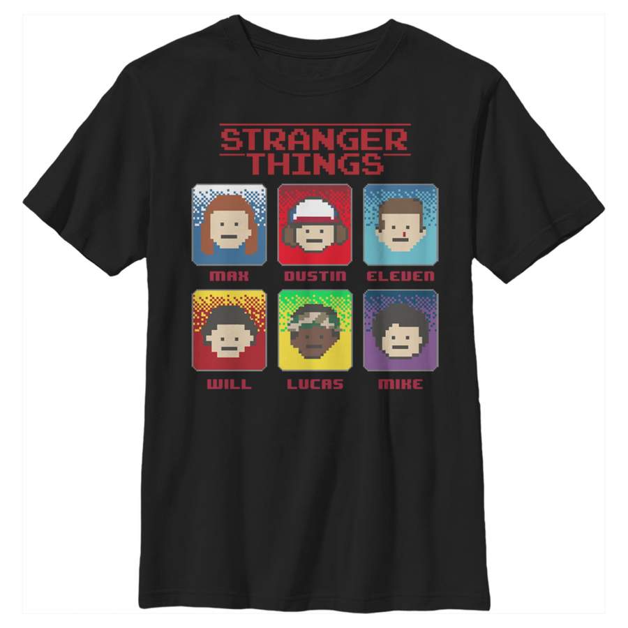 Stranger Things Boy’s Group Shot 8-Bit Box Up  T Shirt