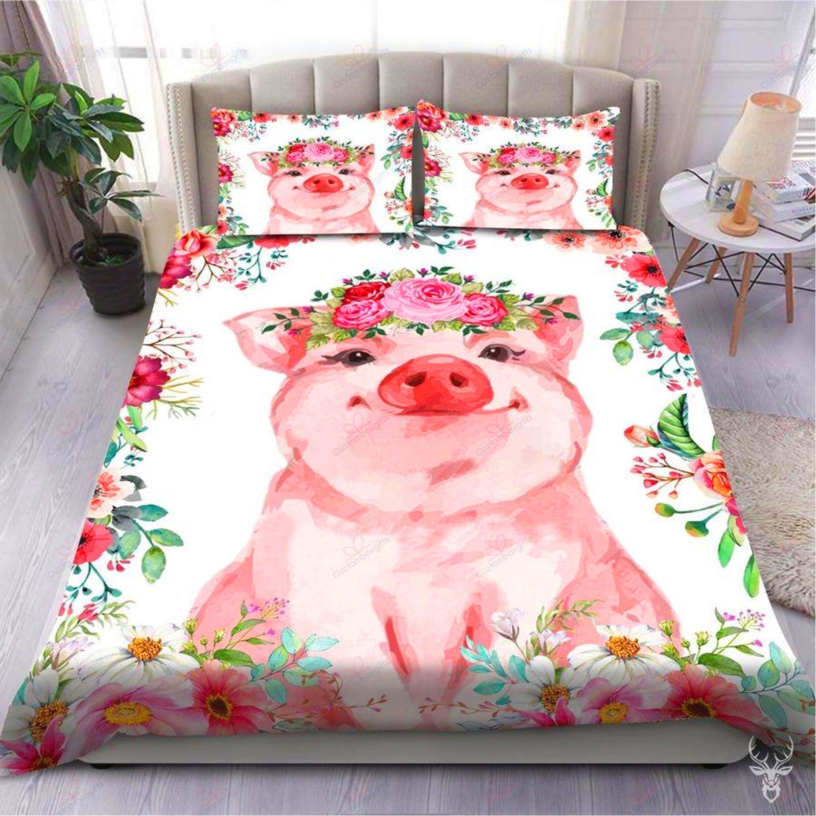 Custom Quilt Sets Little Pink Pig with Flower Quilt Bedding for Girls Boys Men Women