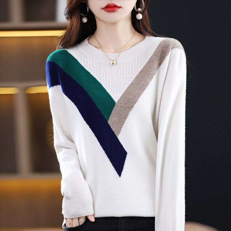 100% Merino Cardigan Women’s Round neck Pullover Spring and Autumn New Fashion Color Contrast Tops Slim Knit Base Coat alx