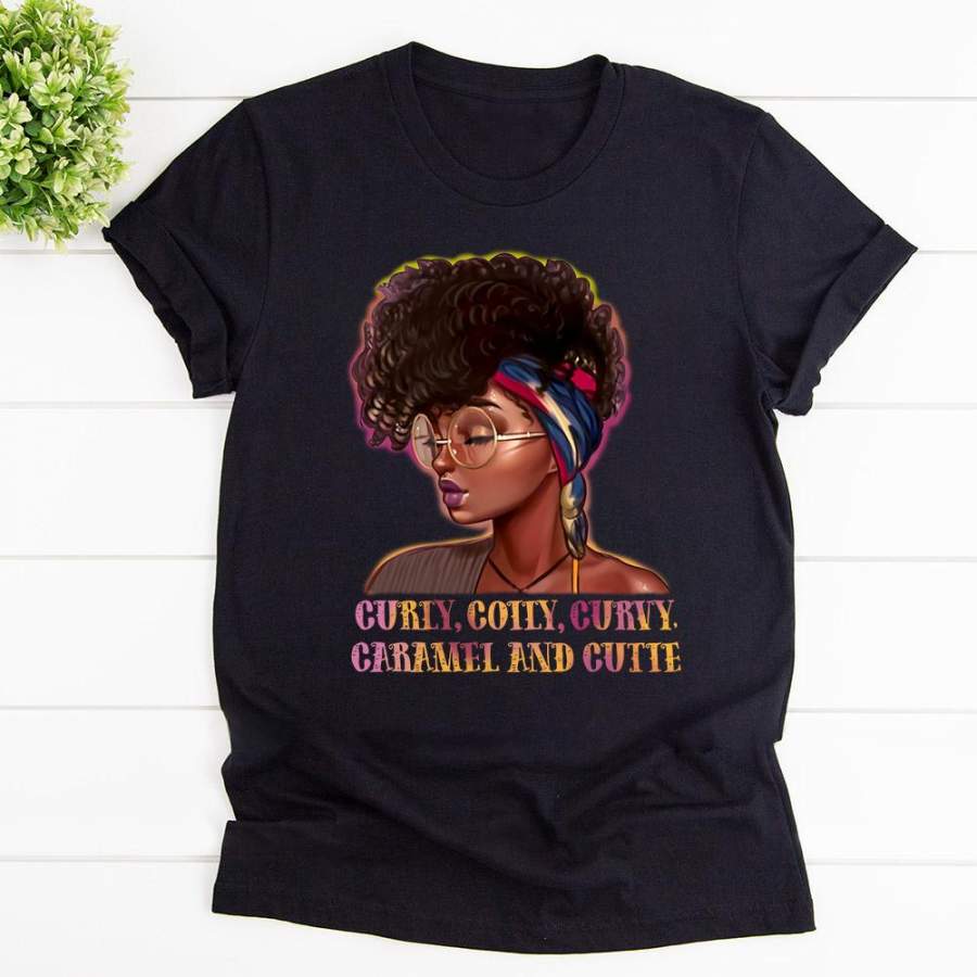 Black queen curly coily curvy caramel and cutie black cotton t shirt for men and women S-6XL