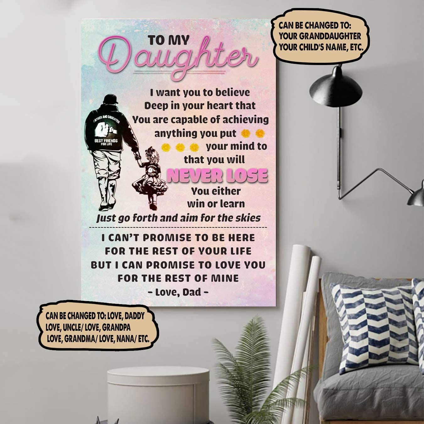 Poster for Room Aesthetic -Command Strips Wall Decor – Dn49 Customizable Pug Poster – Dad to Daughter – Never Lose