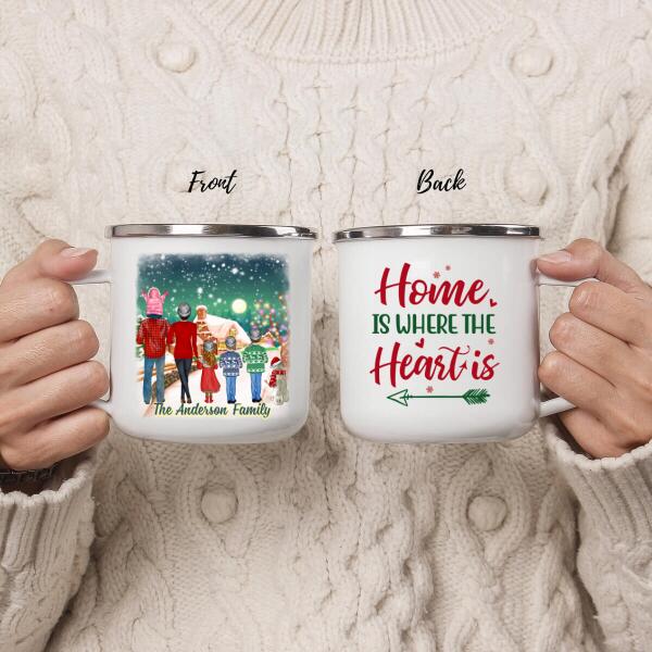 Personalized Campfire Mug, Christmas Family Standing With Dog, Christmas Gift For Family And Dog Lovers