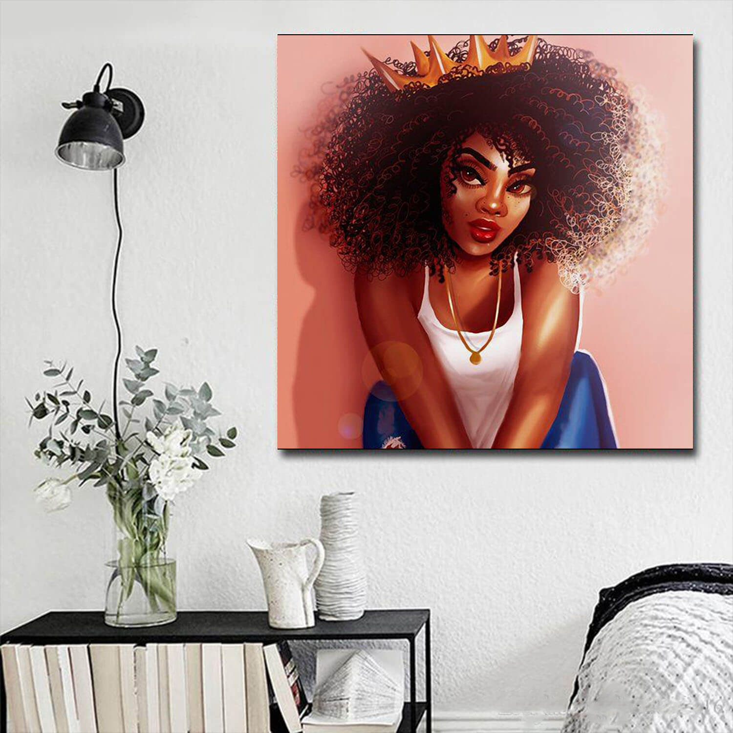 African American Art On Canvas Melanin Girl Natural Hair and Crown Black History Canvas Art Living Room Decor WBG2877