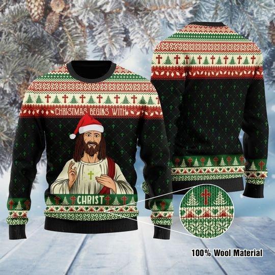 Christmas Begins With Christ Jesus Ugly Christmas Sweater | Unisex | Adult | Us1126