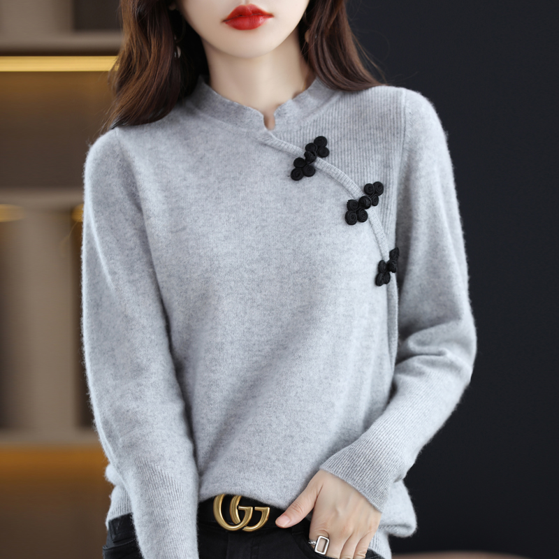 100% Pure Wool Sweater Ladies Half Turtleneck Pullover Spring/ Autumn New Chinese Style Top Casual Knit Fashion Cashmere Sweater alx