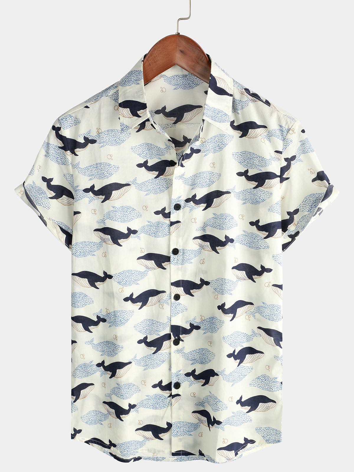 Men’S Casual Whale Animal Print Button Up White Top Short Sleeve Shirt