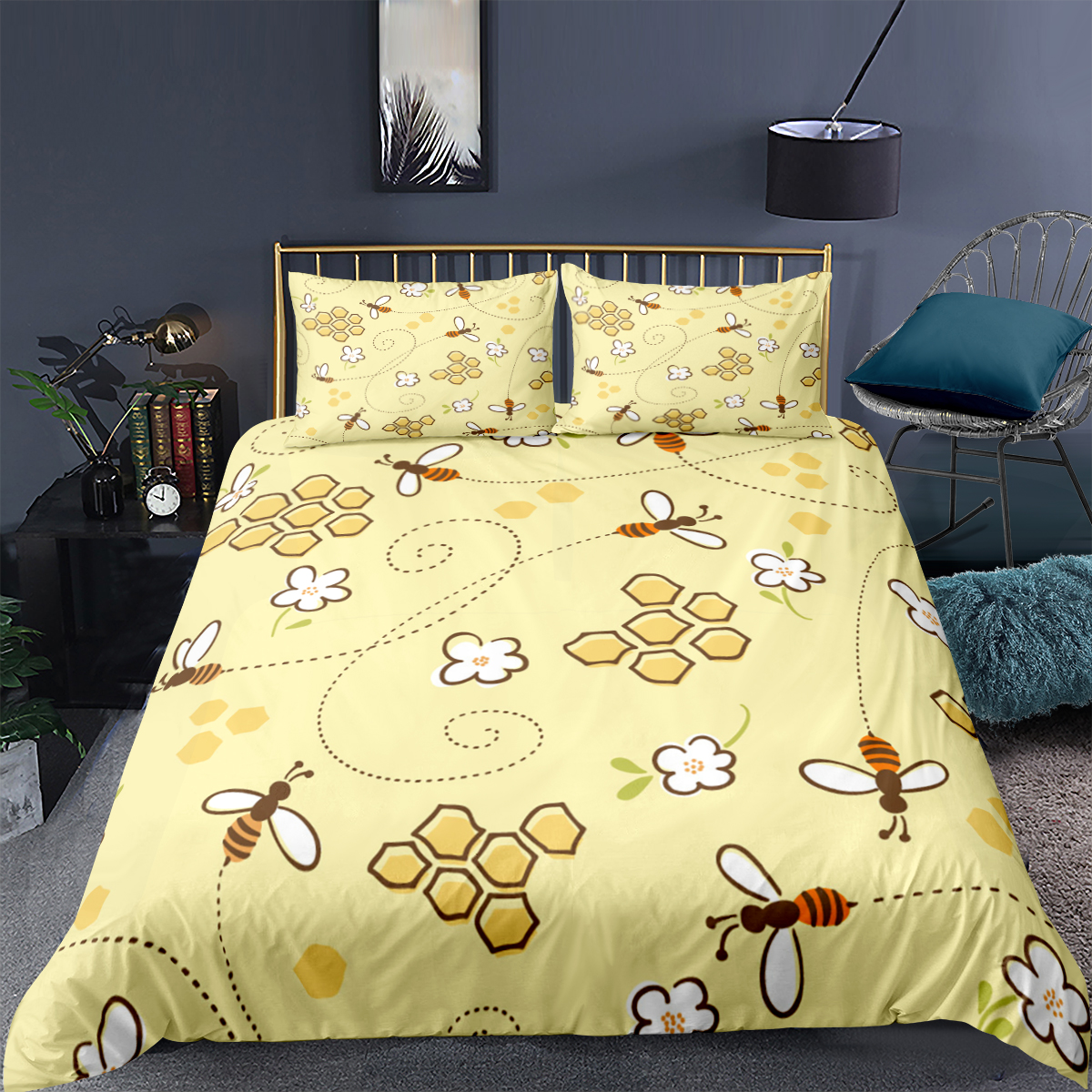 Cartoon Bee Print Bedding Sets Comfortable Duvet Cover Pillowcase Cute Blue Home Decor Bedcolthes