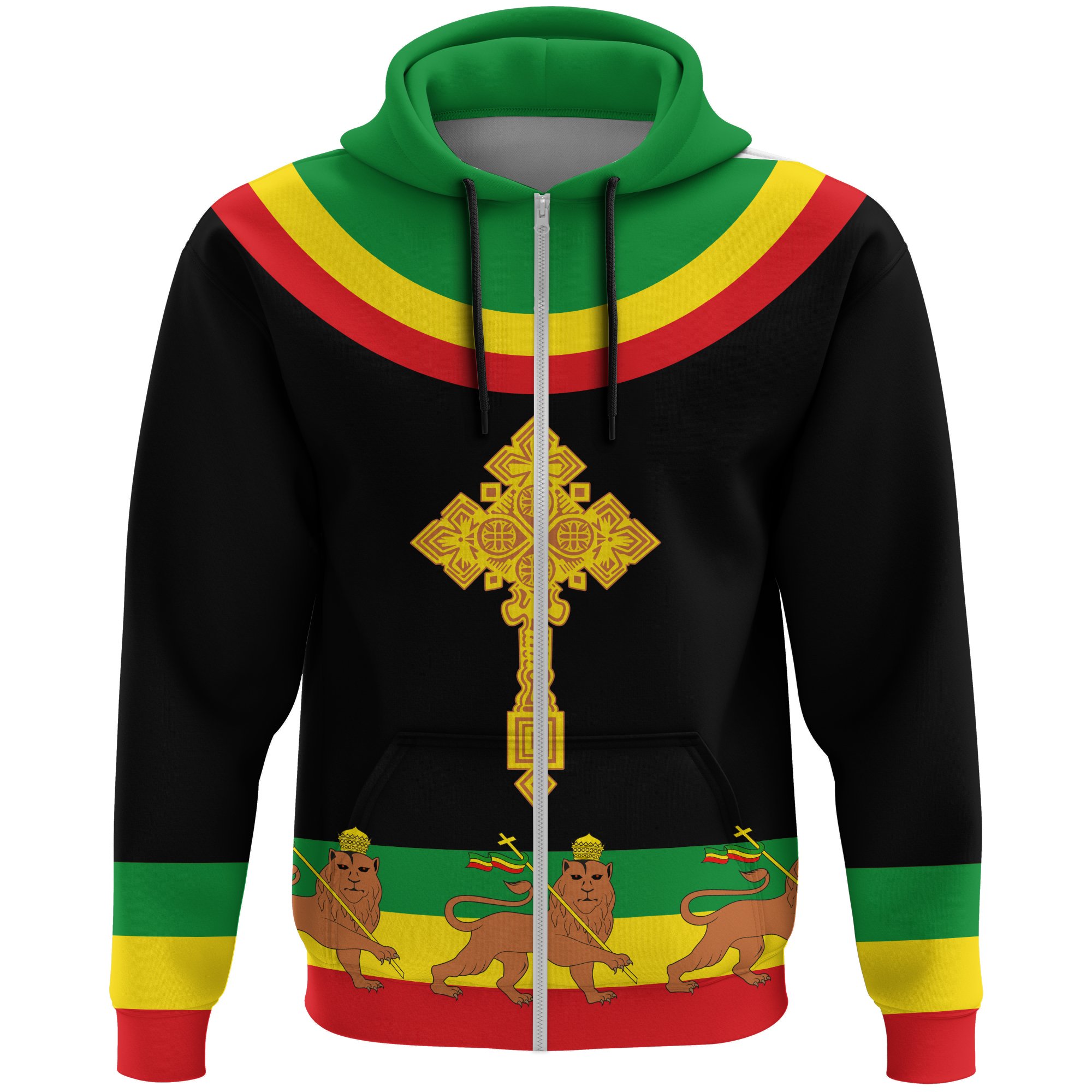 1stTheWorld Ethiopia Full Zip Hoodie Cross Flag Lion Black A10