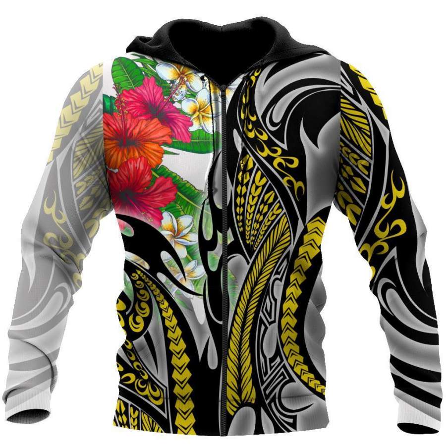 Amazing Polynesian Turquoise Gold Tribal Pattern and Hisbiscus Plumeria Hoodie for Men and Women-ML