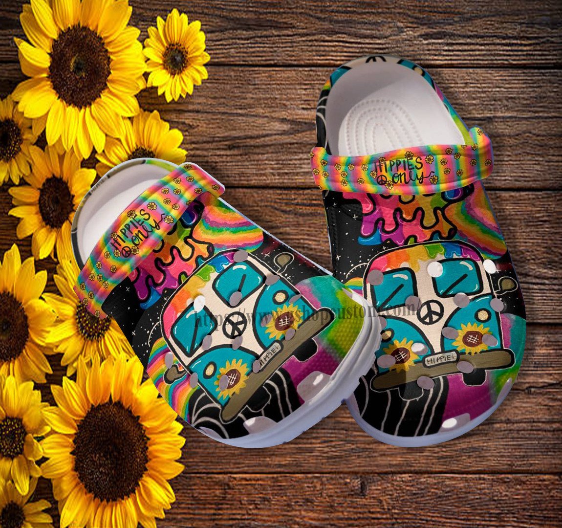 Hippie Only Bus Peace Croc Shoes Gift Aunt- Peace Love Hippie Rainbow Shoes Croc Clogs Gift Women- Cr-Ne0463