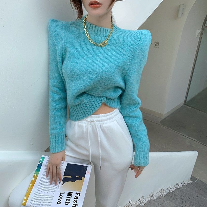 Woman Sweaters Chails Women’s Sweater Autumn Winter round Neck Pullover Loose Padded Shoulder Short Knitted Long-Sleeved Top alx