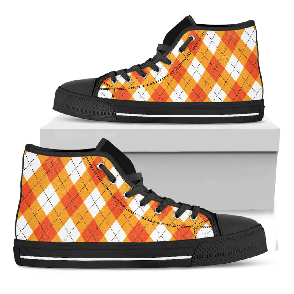 White And Orange Argyle Pattern Print Black High Top Shoes