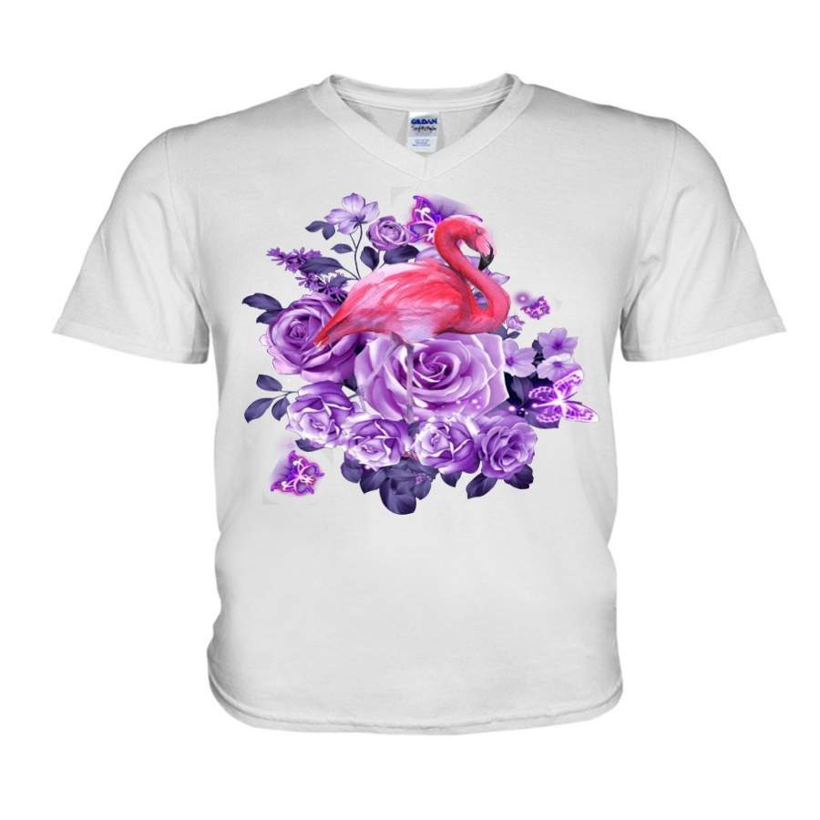 Flamingo Purple Flowers Cute Shirt Guys V-Neck