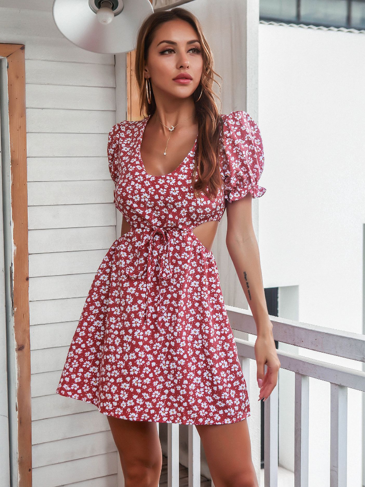 Women Dresses Summer 2022 Sexy V Neck Floral Print Boho Beach Dress Puff Sleeves Off Waist A Line Mini Dress Mini Sun Dress Robe alx