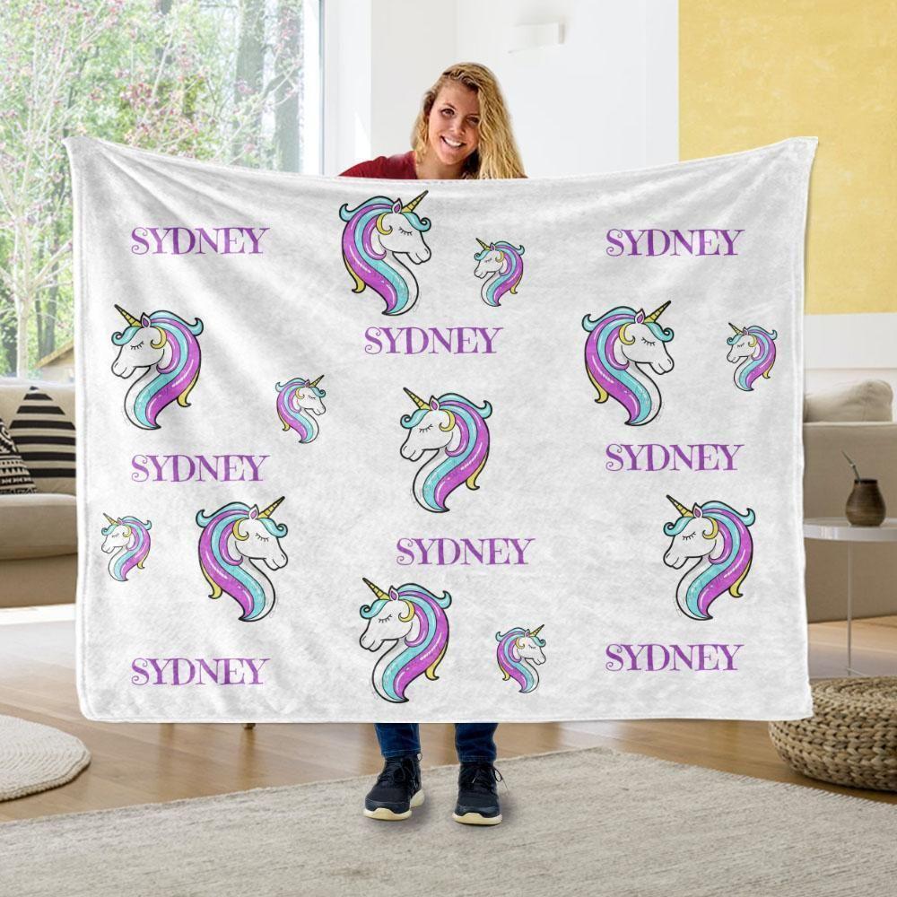 Sydney Unicorn White Background Custom Text Printed Fleece Blanket