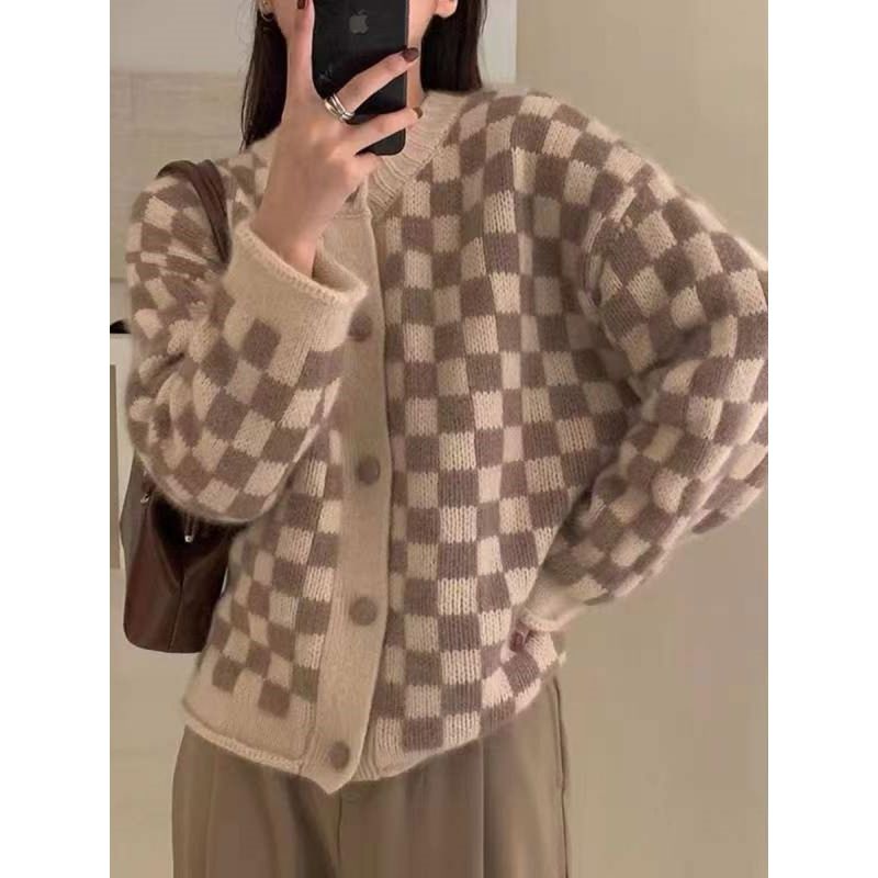 Autumn Cardigan Sweater 2022 New Women Loose Slouchy Chessboard Sweater O Neck Wear Knitted Cardigan Vintage Sweater Top Coat alx