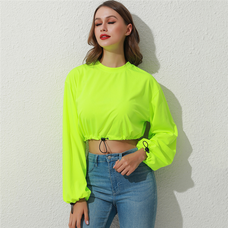 Autumn Neon Green Sweatshirts Long Sleeve O-Neck Crop Top Lady Solid Streetwear Loose Bottom Drawstring Pullovers 2022 alx