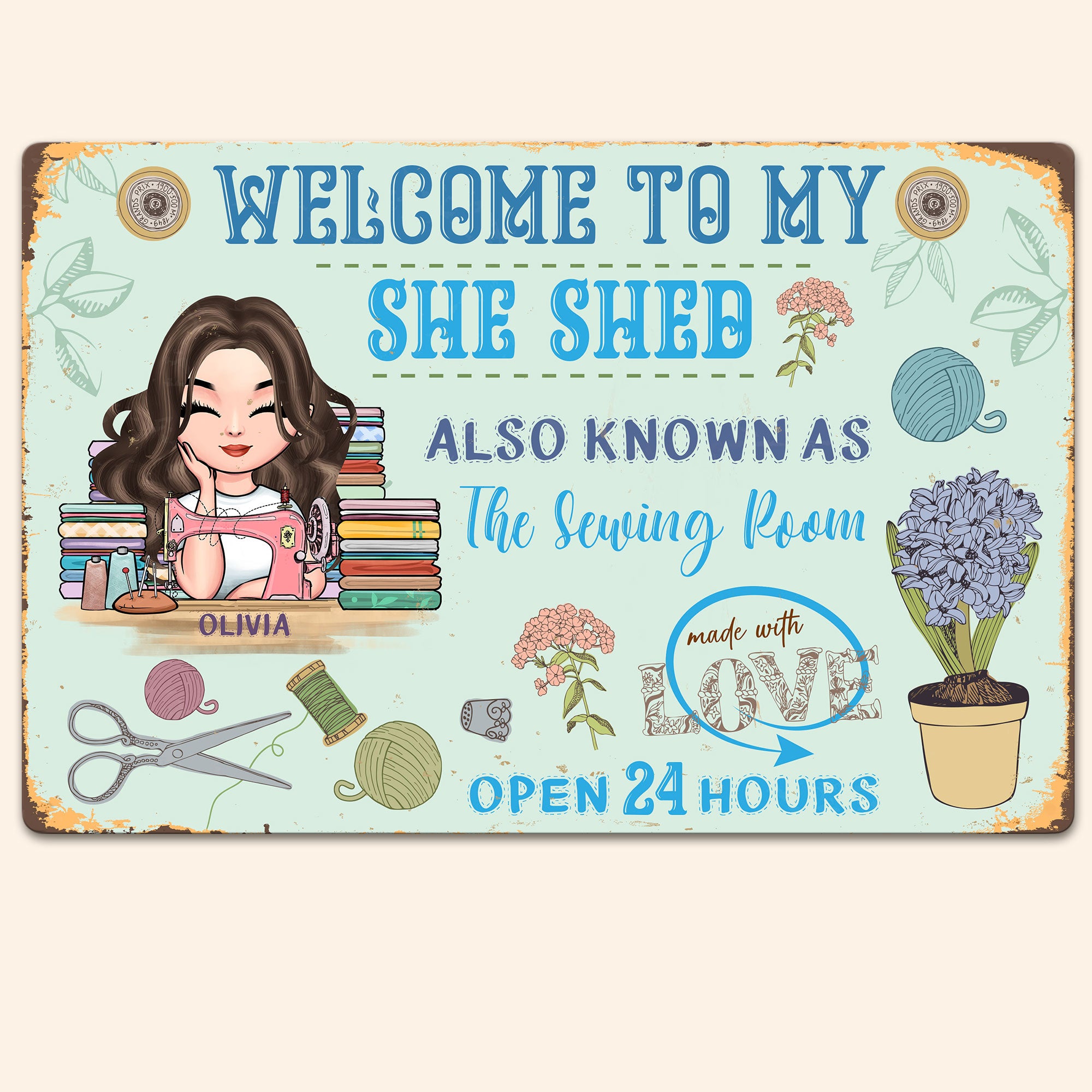 Welcome To My She Shed – Personalized Metal Sign – Birthday, Welcome Sign, Home Decor Gift For Sewing, Quilting, Crochet Lover, Mom, Grandma